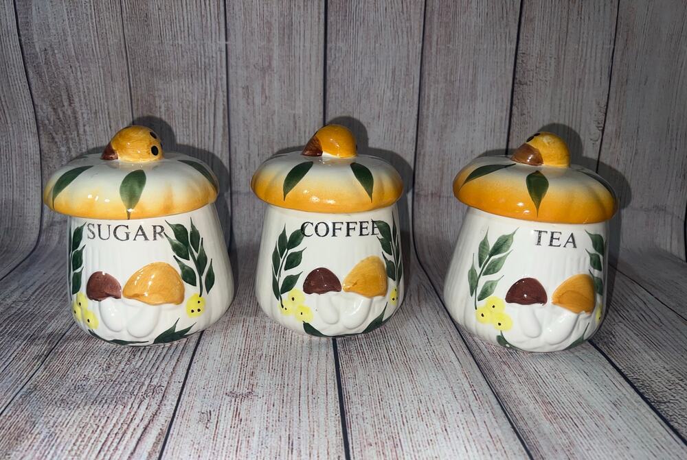 Vintage Cottagecore Mushroom Ceramic Canister Set 3-Piece 70's Sugar Coffee Tea